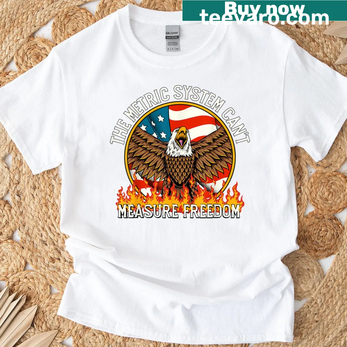 Text-based shirt with 'The Metric System Can't Measure Freedom' and eagle graphic. — on a men's t-shirt