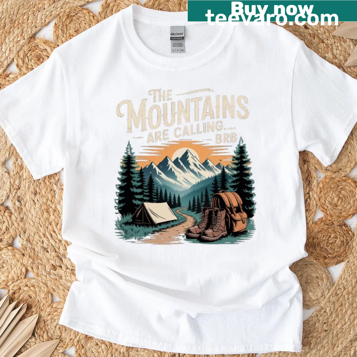 Funny hiking quote t-shirt with the text 'The Mountains Are Calling brb' — on a men's t-shirt
