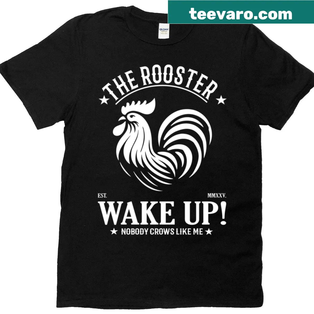 Cartoon rooster graphic t-shirt for early risers — on a men's t-shirt