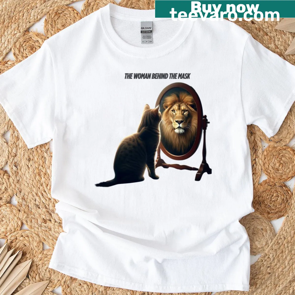 T-shirt with the phrase The Woman Behind The Mask in typographic design — on a men's t-shirt