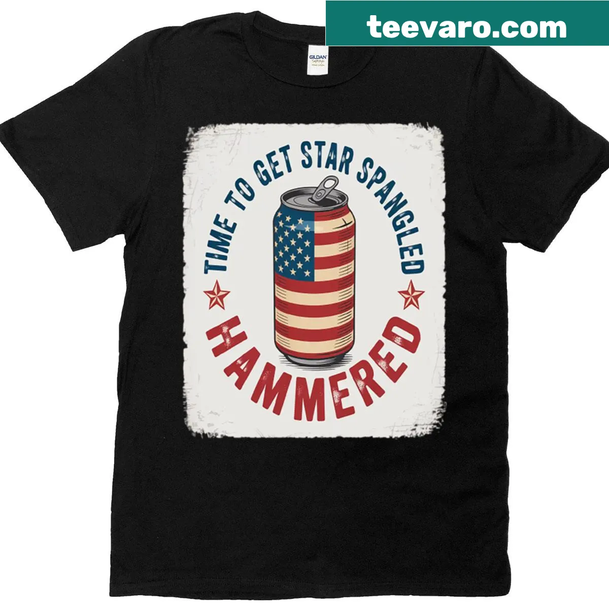 Funny Fourth of July T-shirt with the phrase 'Time To Get Star Spangled Hammered' — on a men's t-shirt