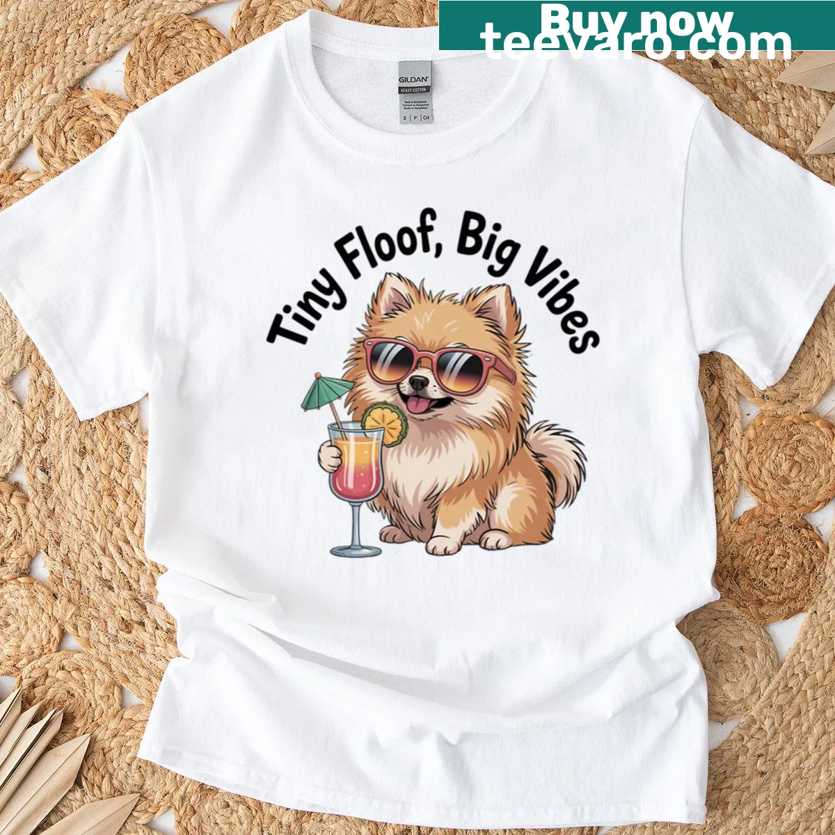 Cartoon Pomeranian t-shirt with 'Tiny Floof Big Vibes' text — on a men's t-shirt