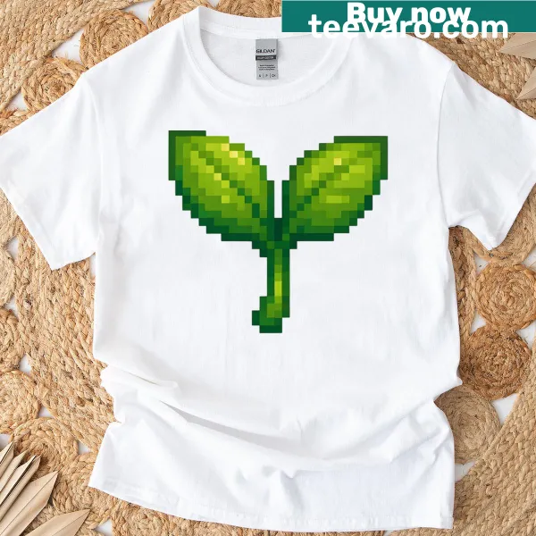 Retro pixel art sprout graphic on a nature-themed t-shirt