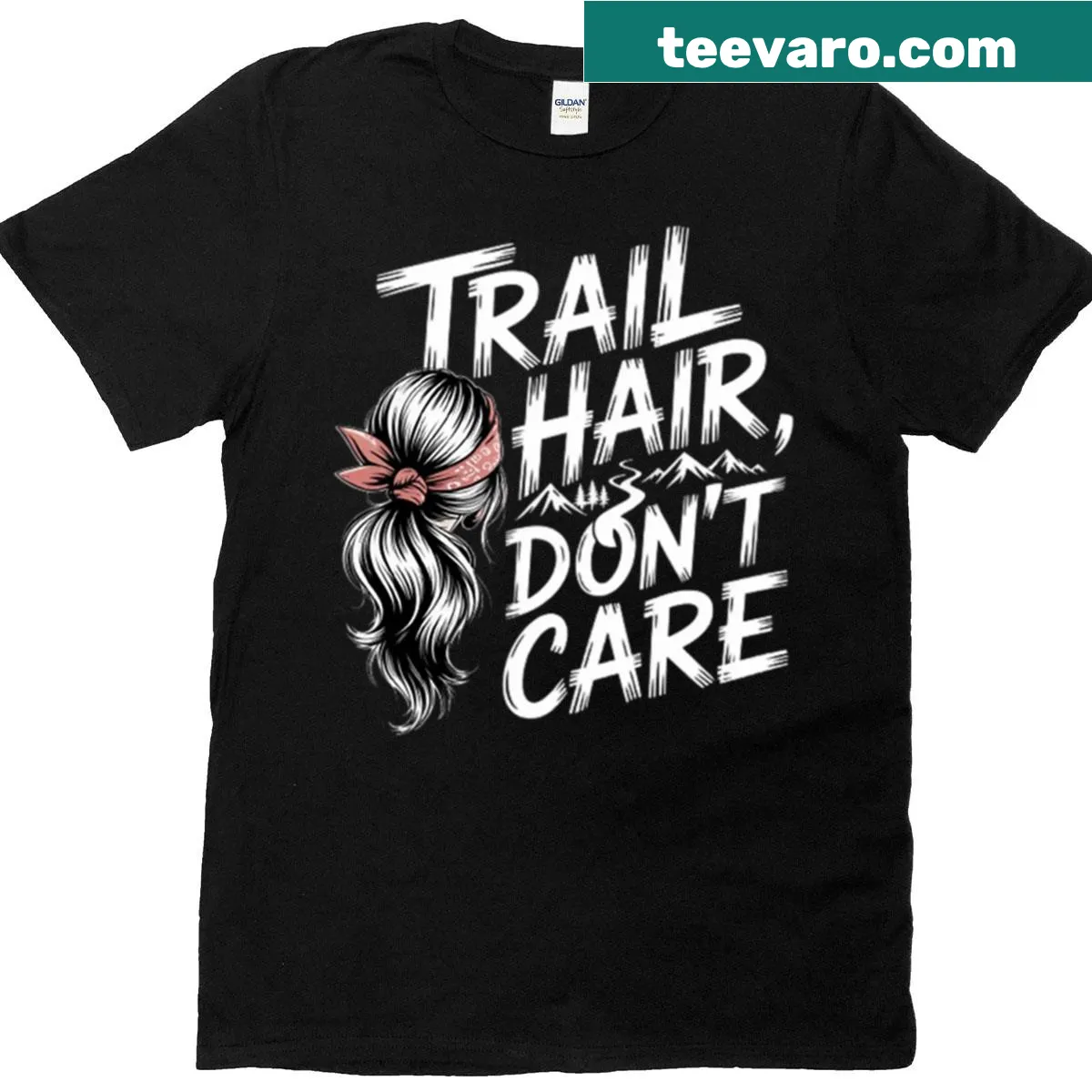 Funny hiking quote T-shirt with text 'Trail Hair Don't Care' — on a men's t-shirt