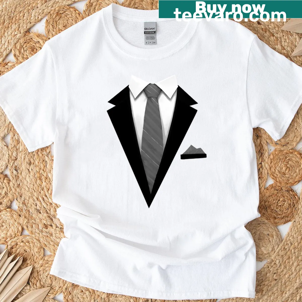 Funny T-shirt featuring a tuxedo graphic with a tie — on a men's t-shirt