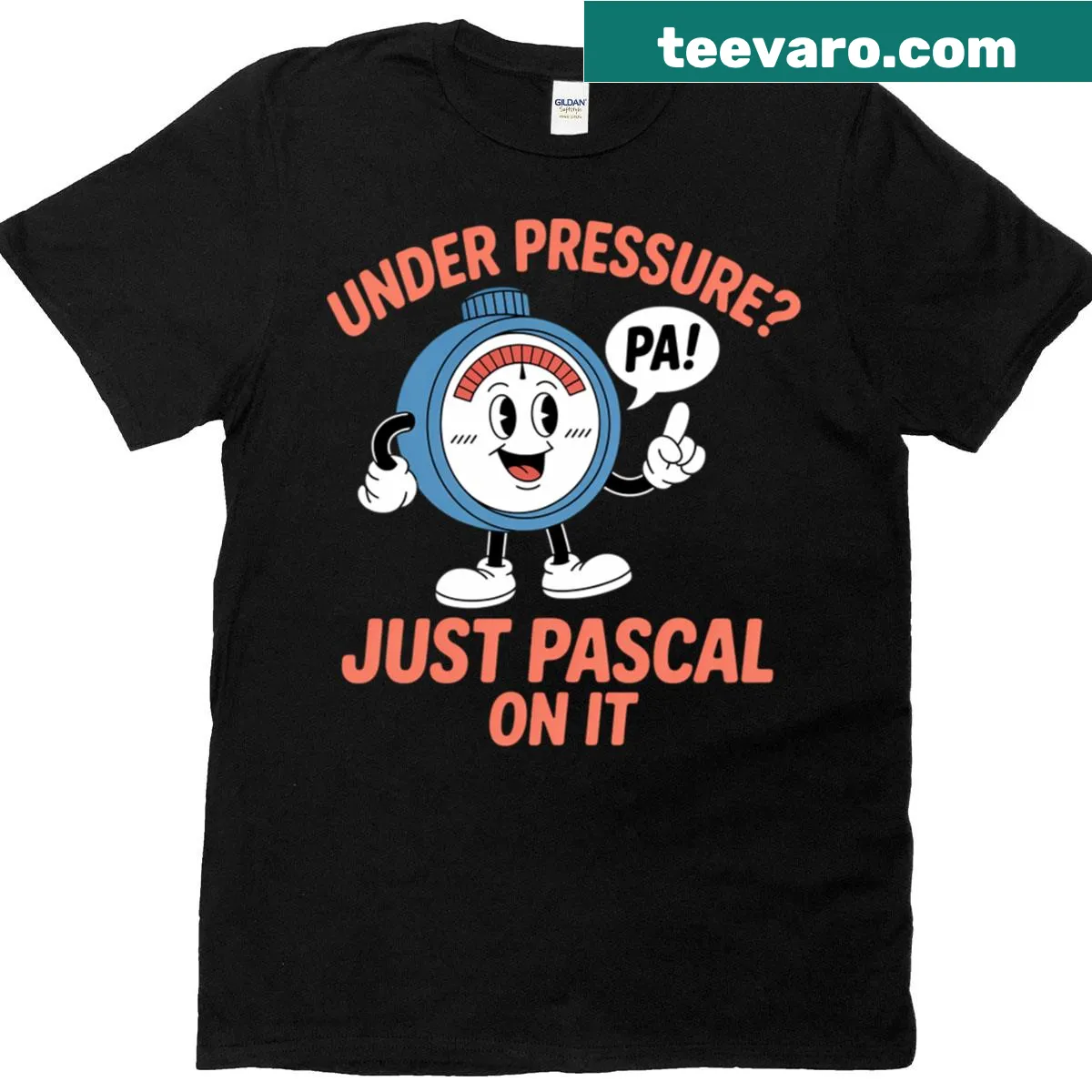 Playful physics pun t-shirt with text 'Just Pascal On It' — on a men's t-shirt