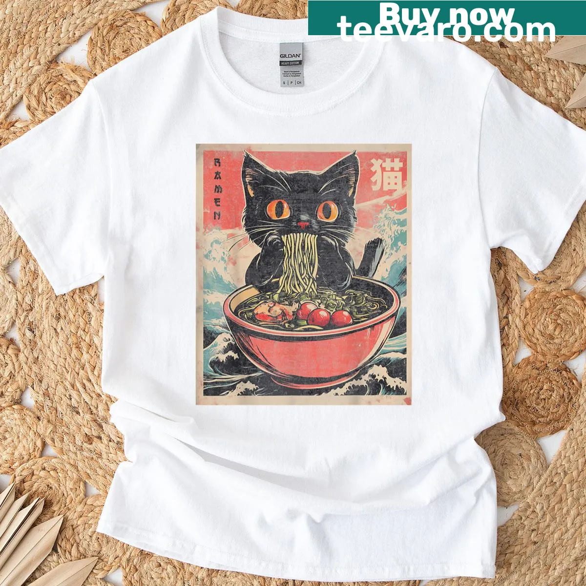 Kawaii cat ramen graphic t-shirt for anime lovers — on a men's t-shirt