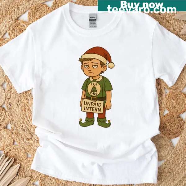 Funny T-shirt with 'Unpaid Elf Intern' text for Christmas humor.