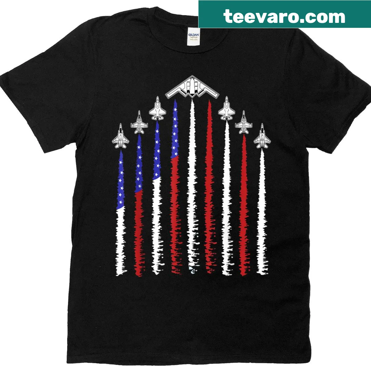 Patriotic T-shirt with fighter jets for Fourth of July — on a men's t-shirt
