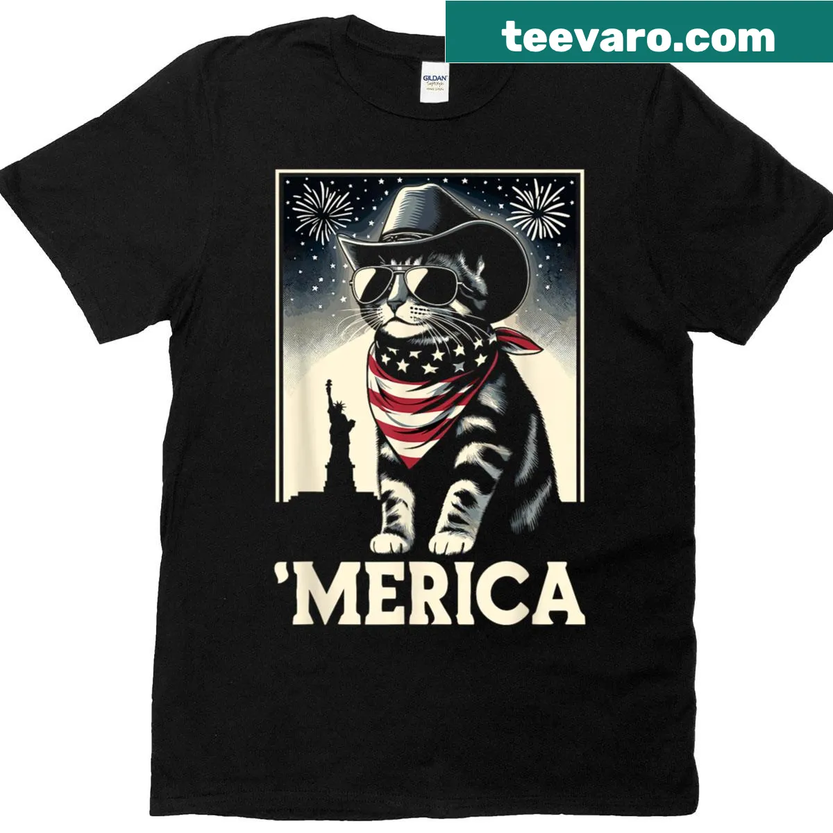 Funny T-shirt with a cat and the word 'Merica' for Fourth of July — on a men's t-shirt