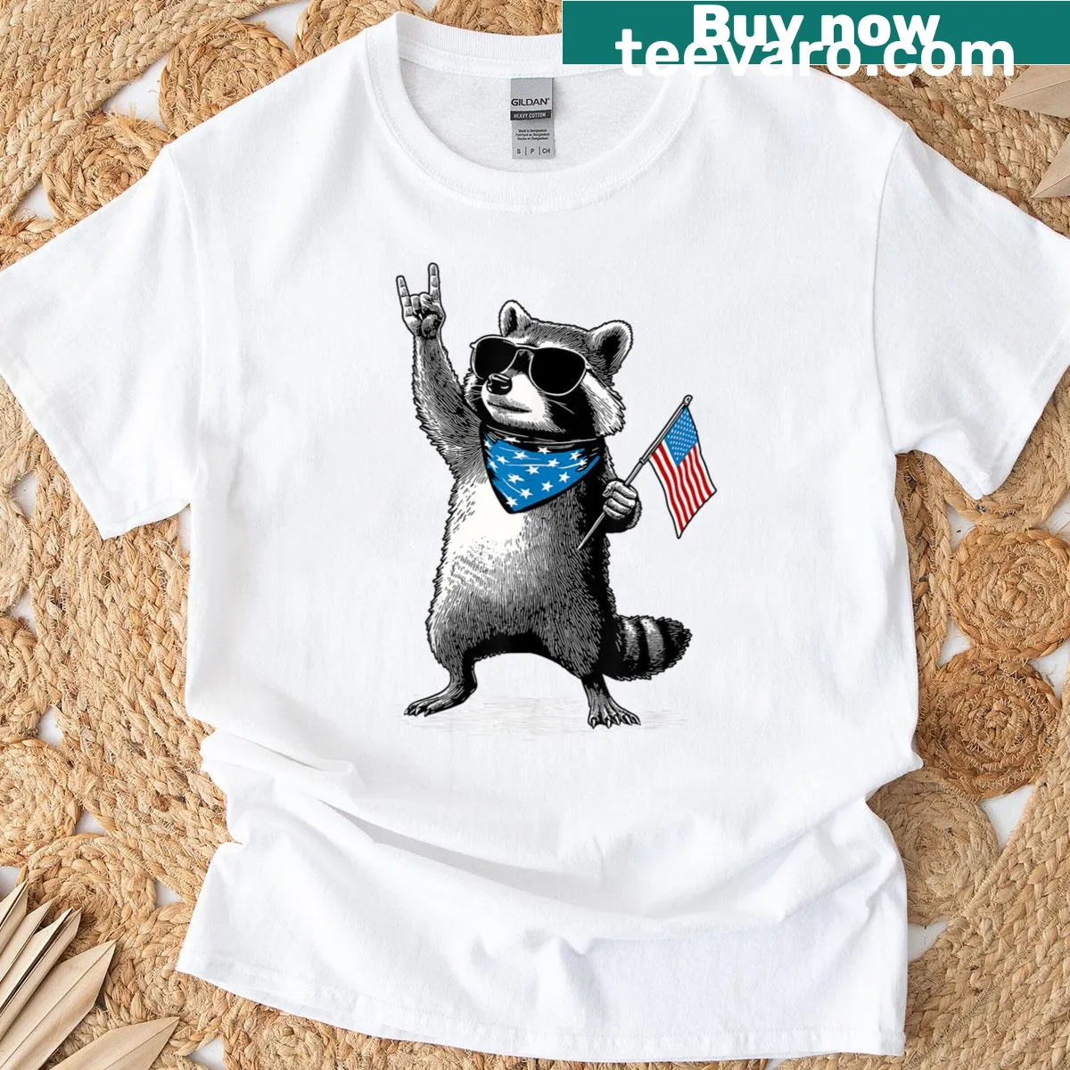 Funny patriotic T-shirt with a raccoon in a stars-and-stripes design — on a men's t-shirt