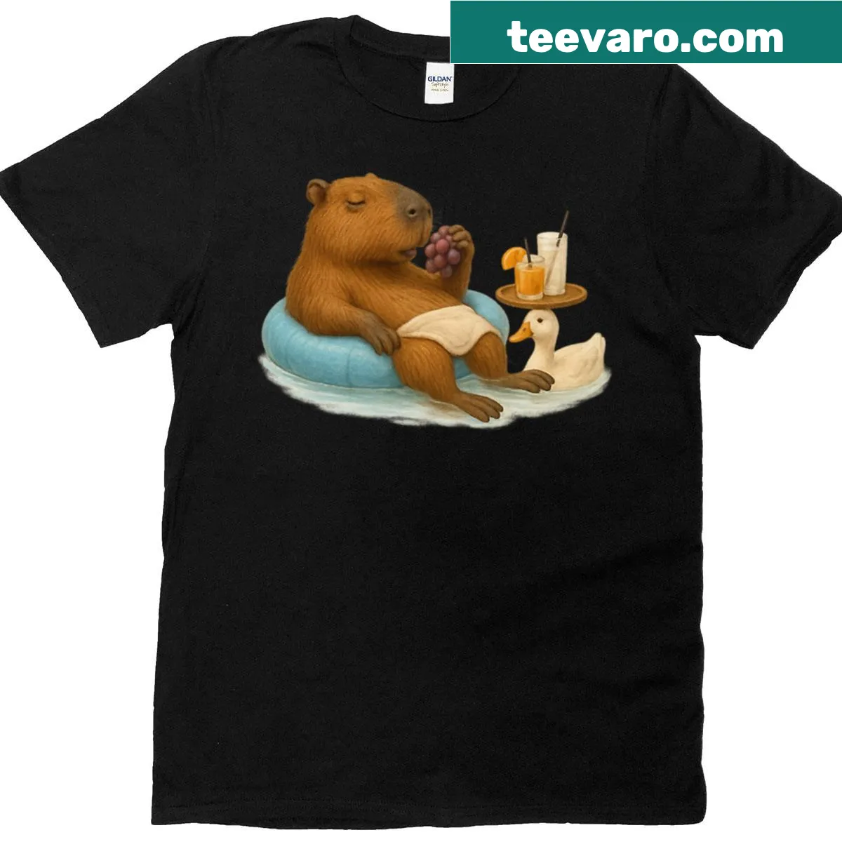 Cartoon capybara relaxing under a palm tree graphic on a t-shirt — on a men's t-shirt