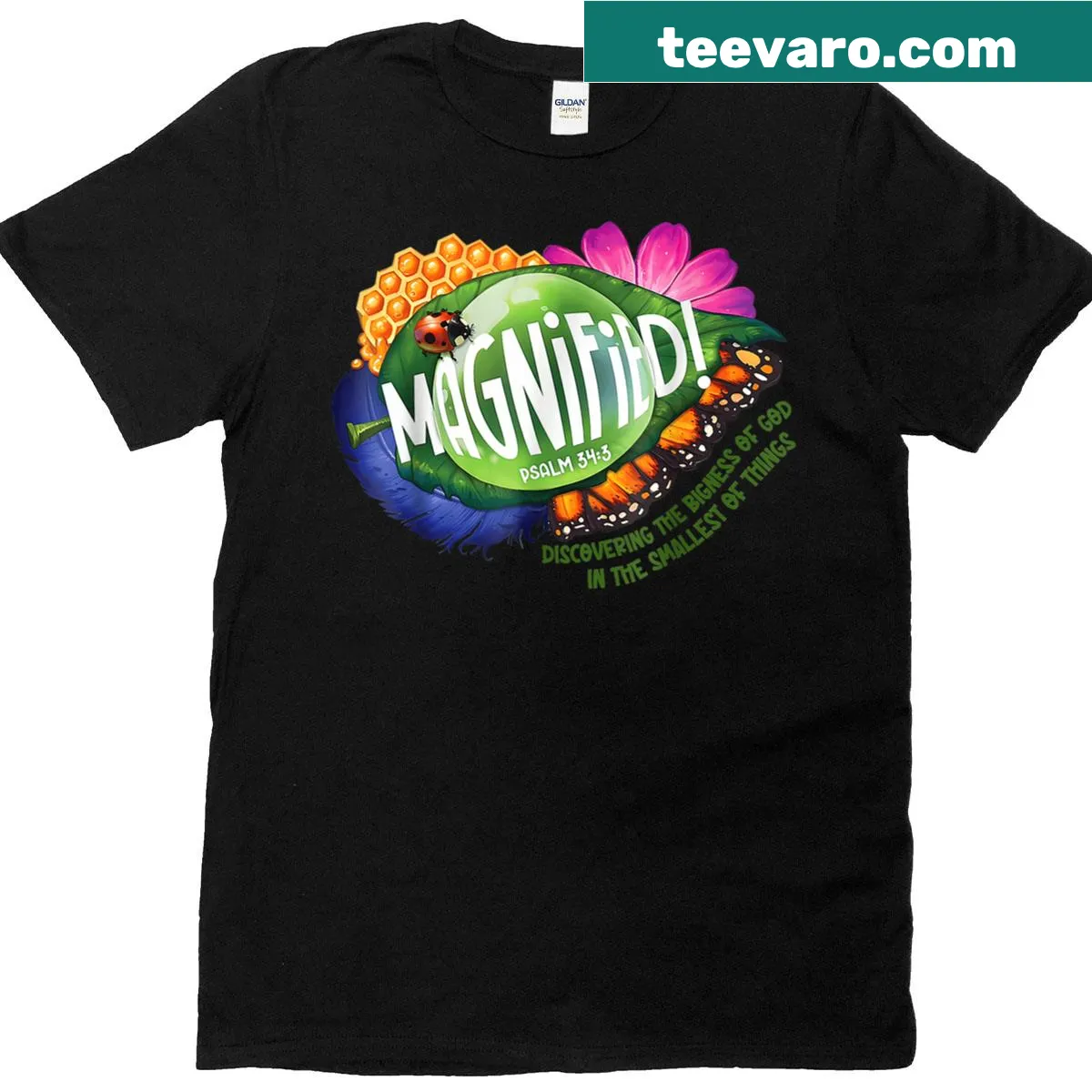 Illustration of magnified insects on a VBS adventure t-shirt — on a men's t-shirt