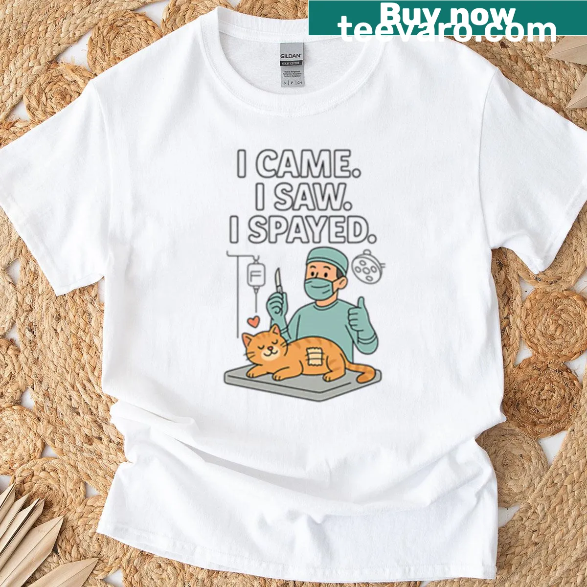 Illustration-based Vet Life T-shirt promoting responsible pet care — on a men's t-shirt
