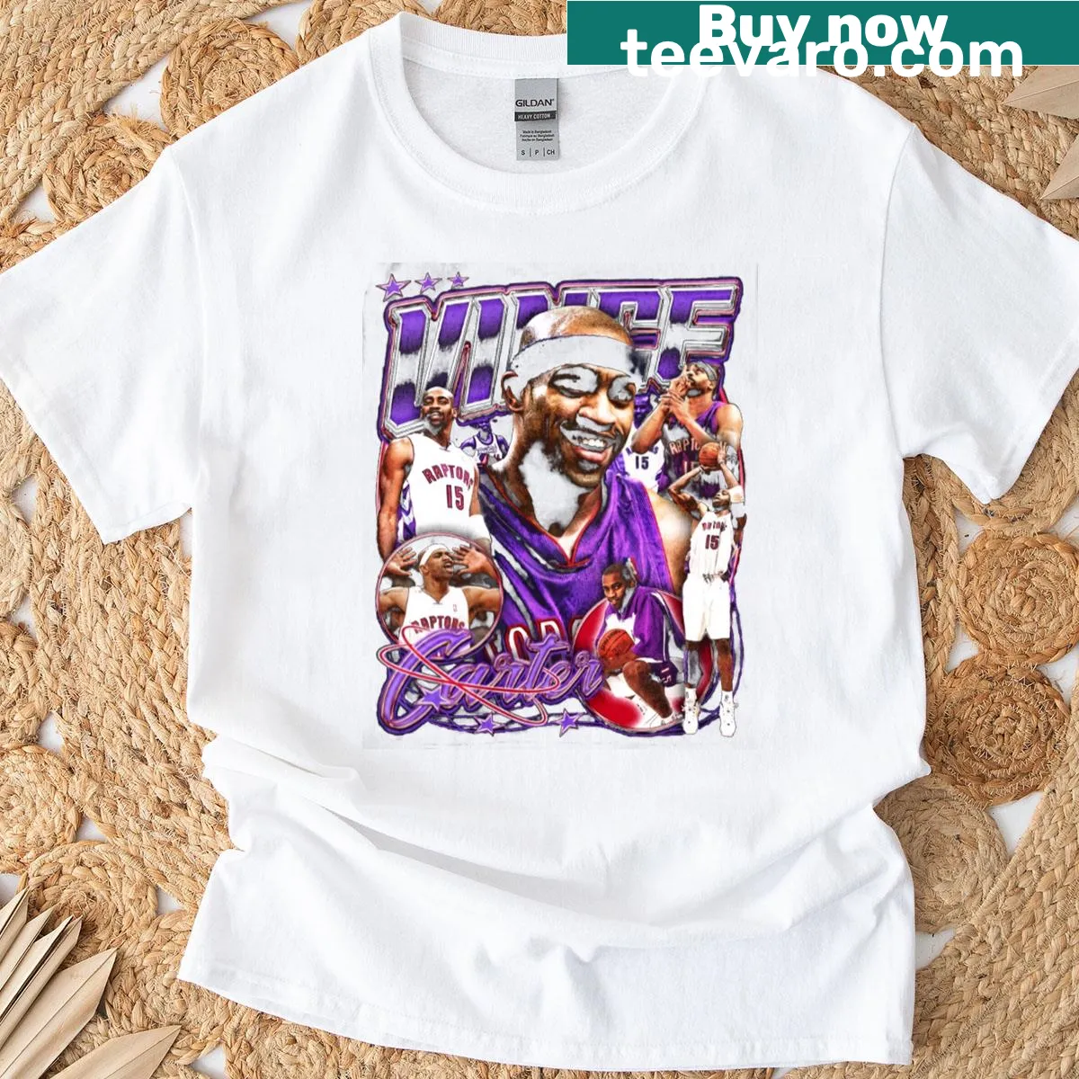 Collage T-shirt featuring Vince Carter in Toronto Raptors gear — on a men's t-shirt