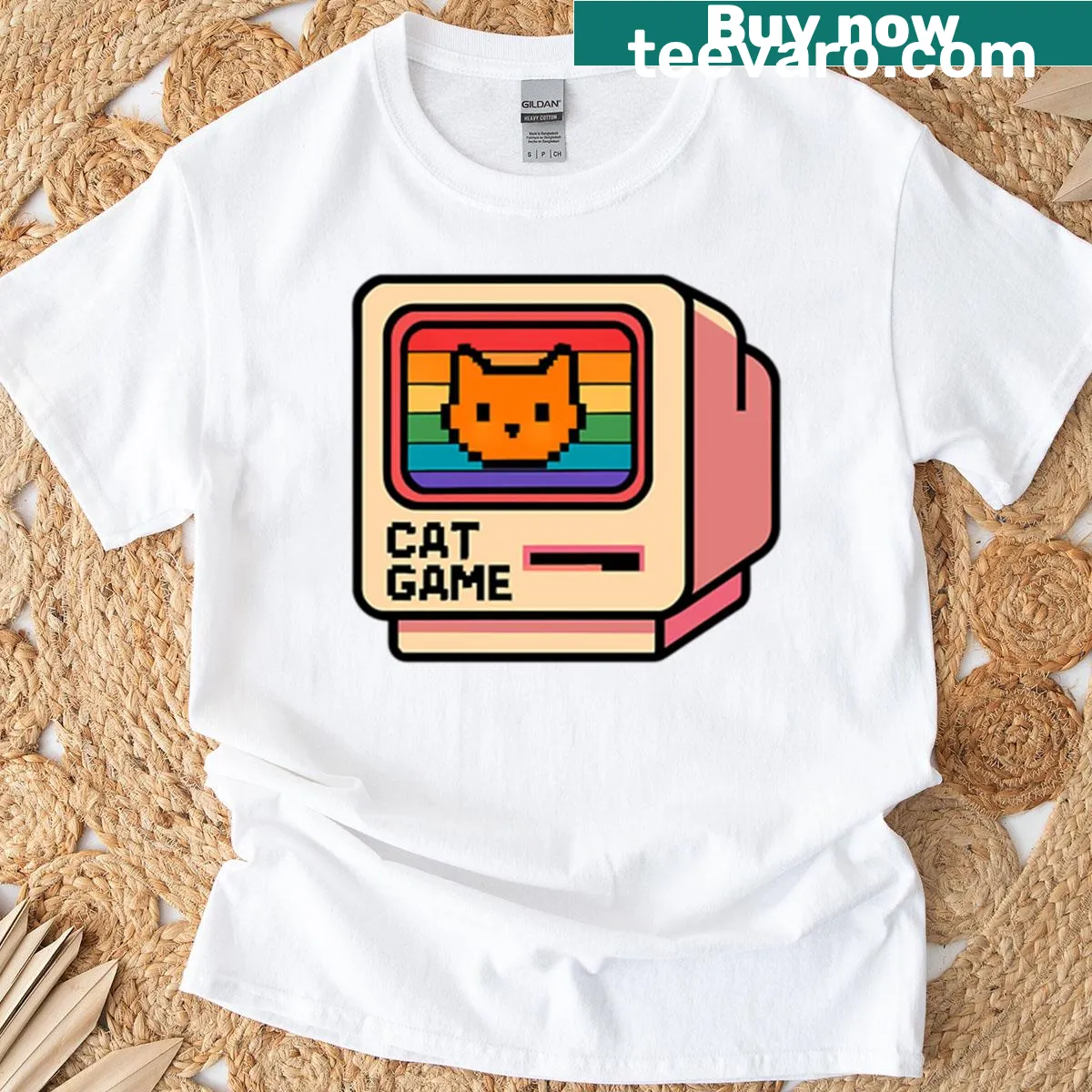 Retro oversized t-shirt featuring a vintage cat computer game design — on a men's t-shirt