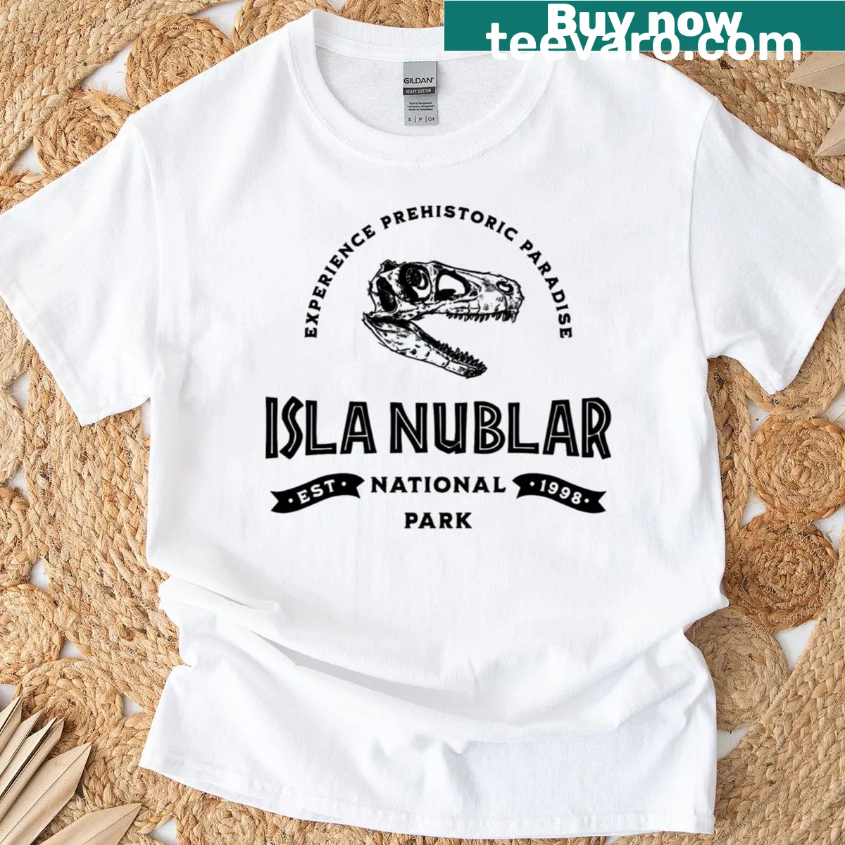Vintage-style Jurassic Park T-shirt featuring Isla Nublar design — on a men's t-shirt