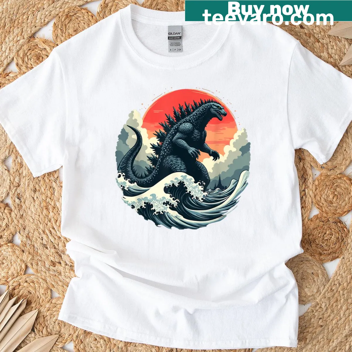 T-shirt featuring vintage Japanese kaiju and Great Wave design — on a men's t-shirt