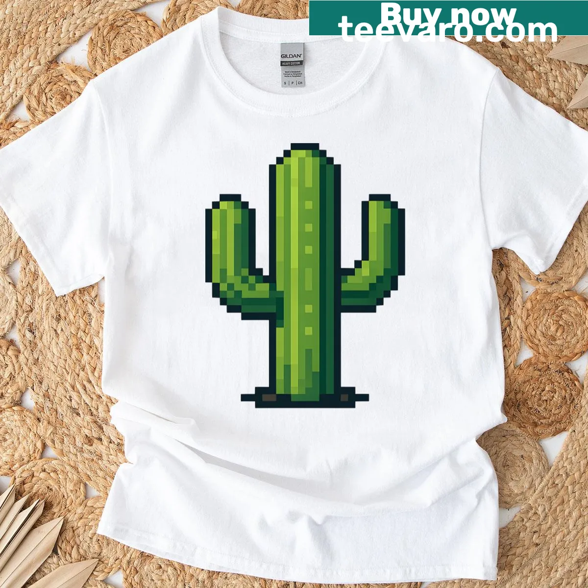 Retro pixel cactus art t-shirt — on a men's t-shirt