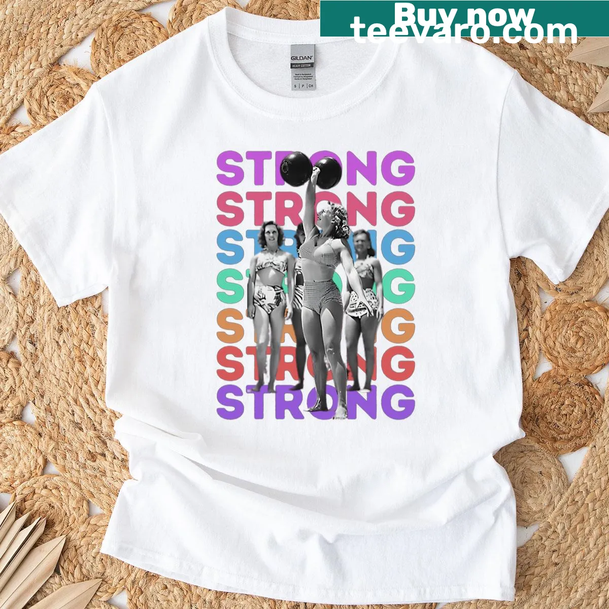 Boxy T-shirt with vintage strongwoman graphic from Muscle Beach — on a men's t-shirt