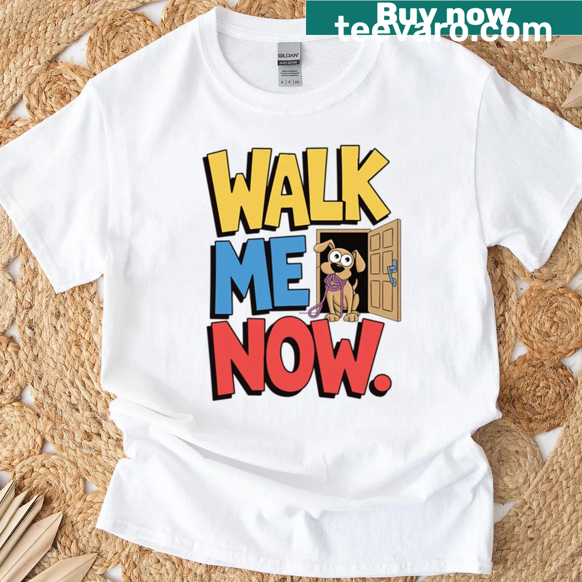 Funny dog-themed T-shirt with the phrase 'Walk Me Now' and puppy illustration — on a men's t-shirt