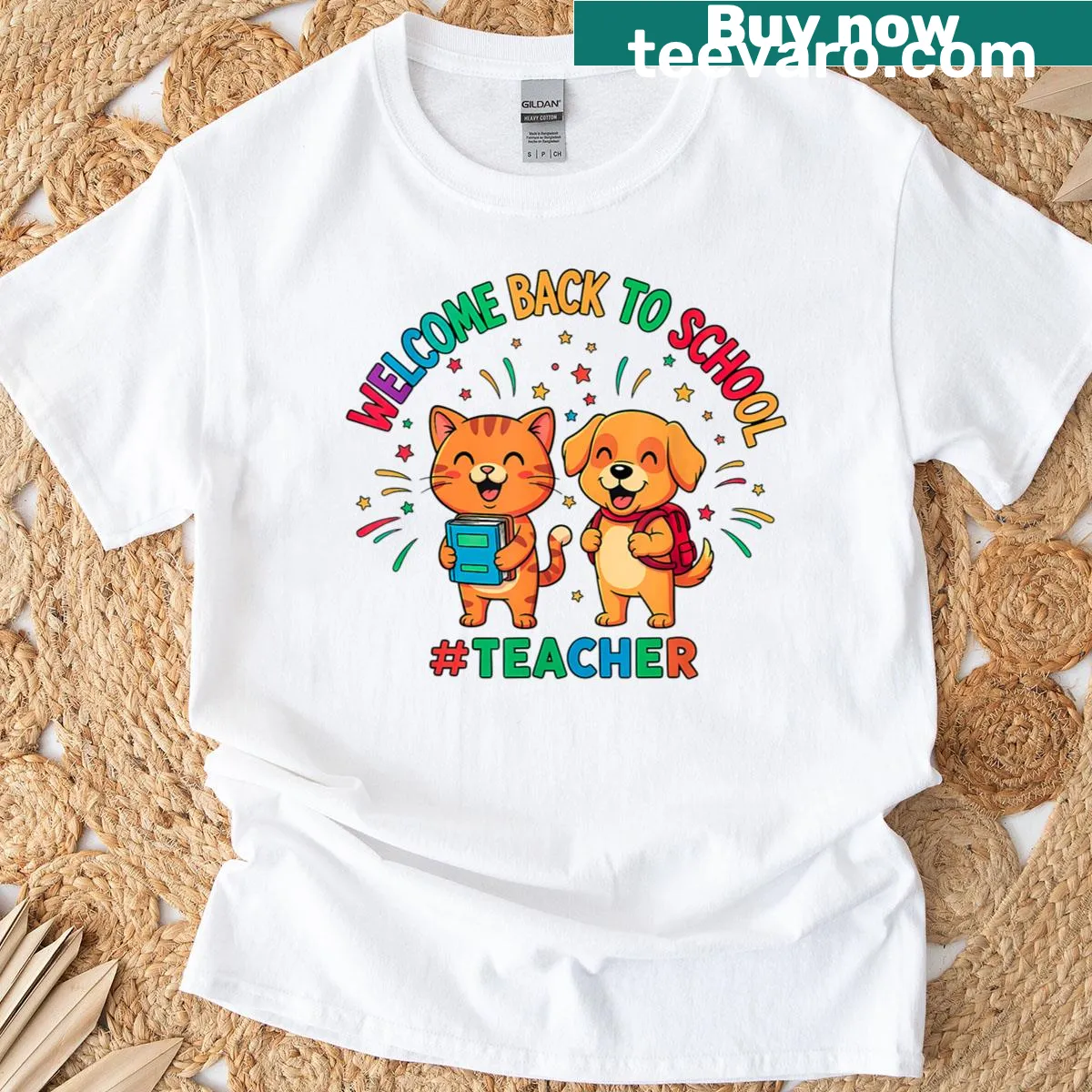 Cute cat and dog T-shirt for teachers with school-themed graphics — on a men's t-shirt