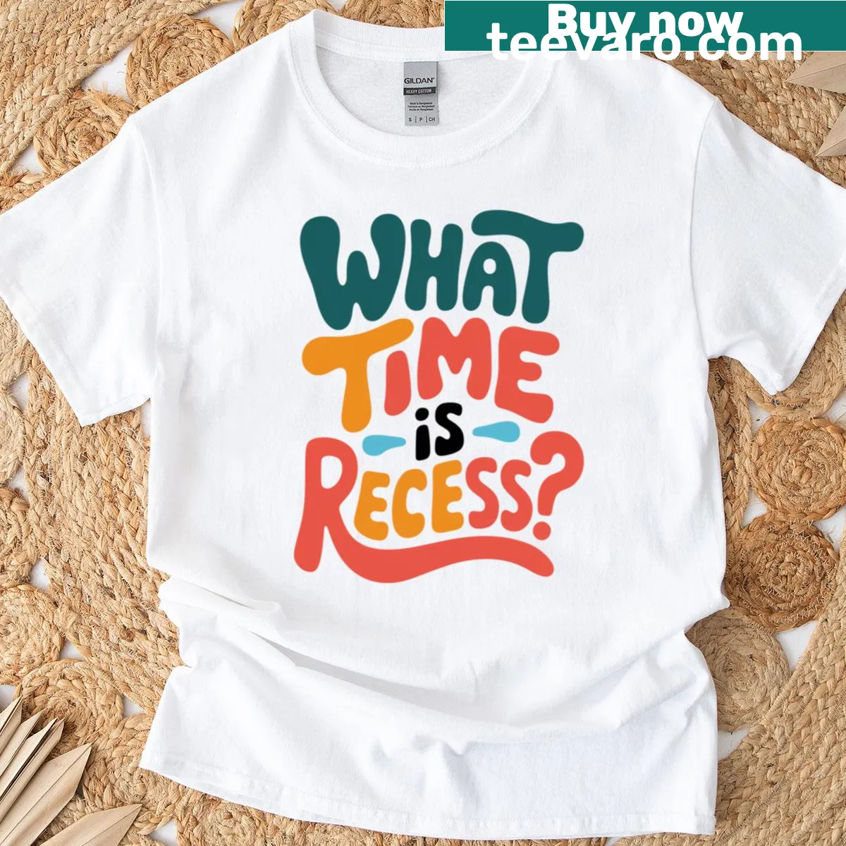 T-shirt asking 'What Time Is Recess?' in playful typography — on a men's t-shirt