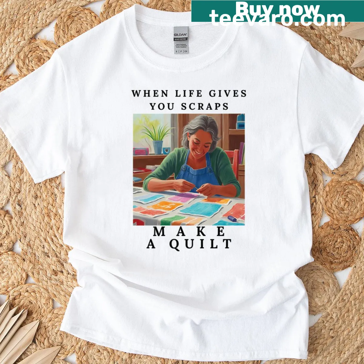 Humorous T-shirt for quilters with the phrase about scraps and quilts — on a men's t-shirt