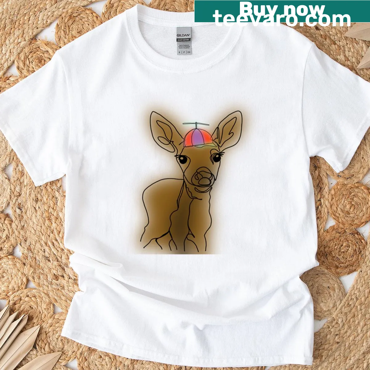 Cute illustration of a deer in a propeller hat on a T-shirt — on a men's t-shirt