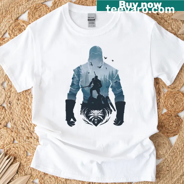 T-shirt featuring a bold graphic of a white wolf inspired by Witcher