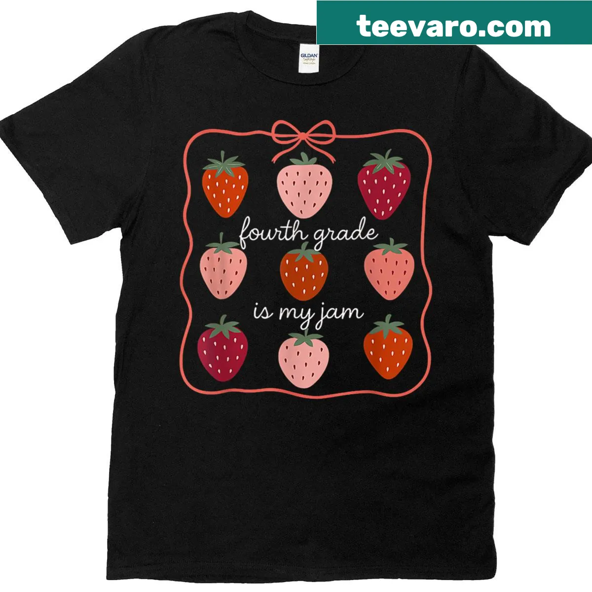 Strawberry design shirt with text 'Fourth Grade Is My Jam' for teachers — on a men's t-shirt