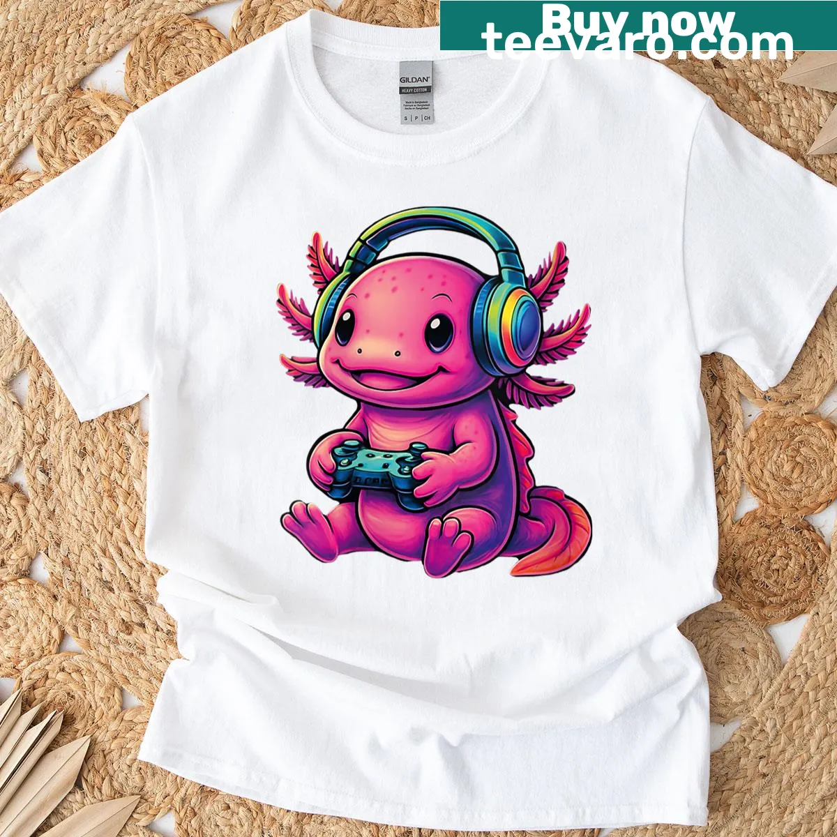 Cute axolotl graphic t-shirt for video game enthusiasts — on a men's t-shirt