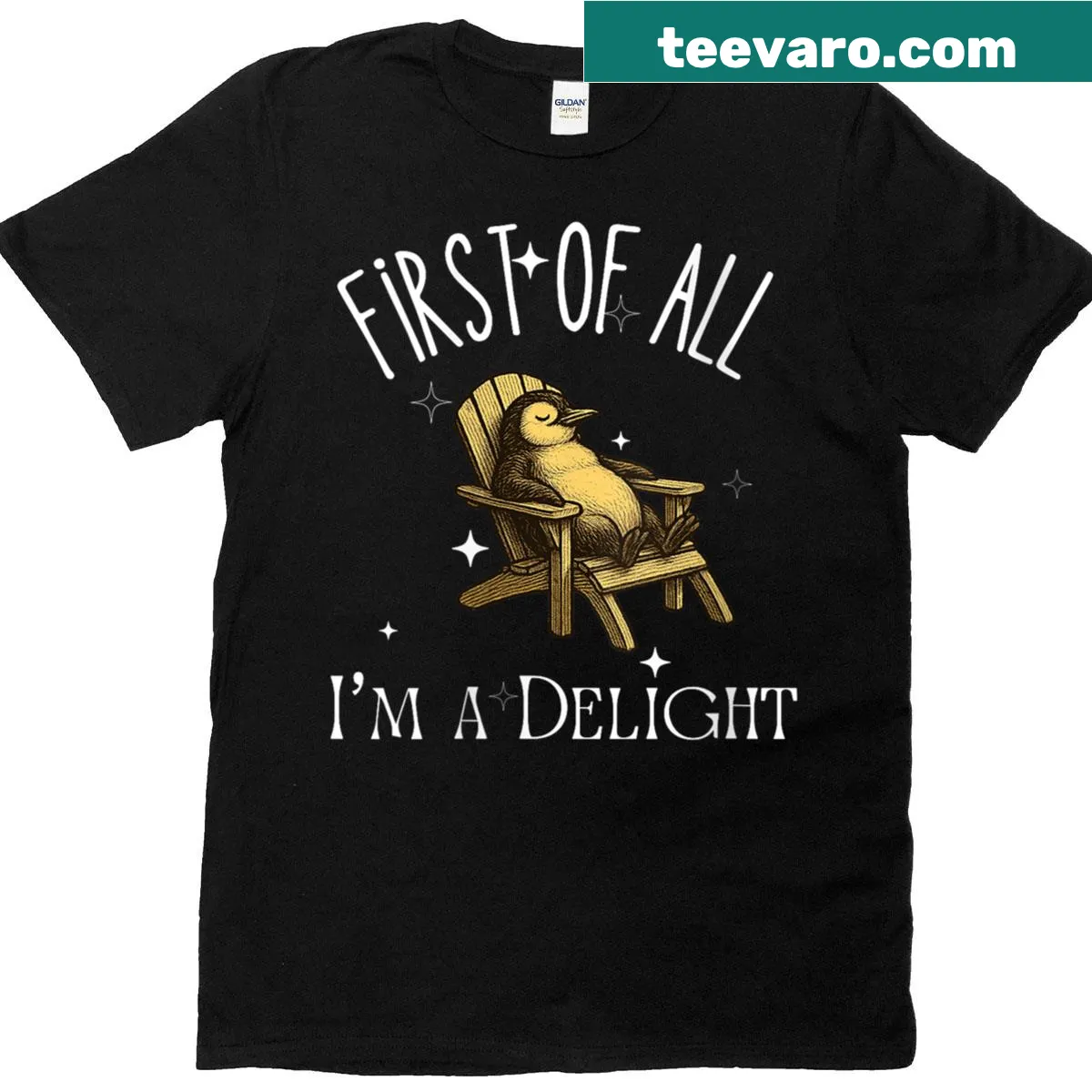 Sarcastic T-shirt with penguin graphic and humorous text — on a men's t-shirt