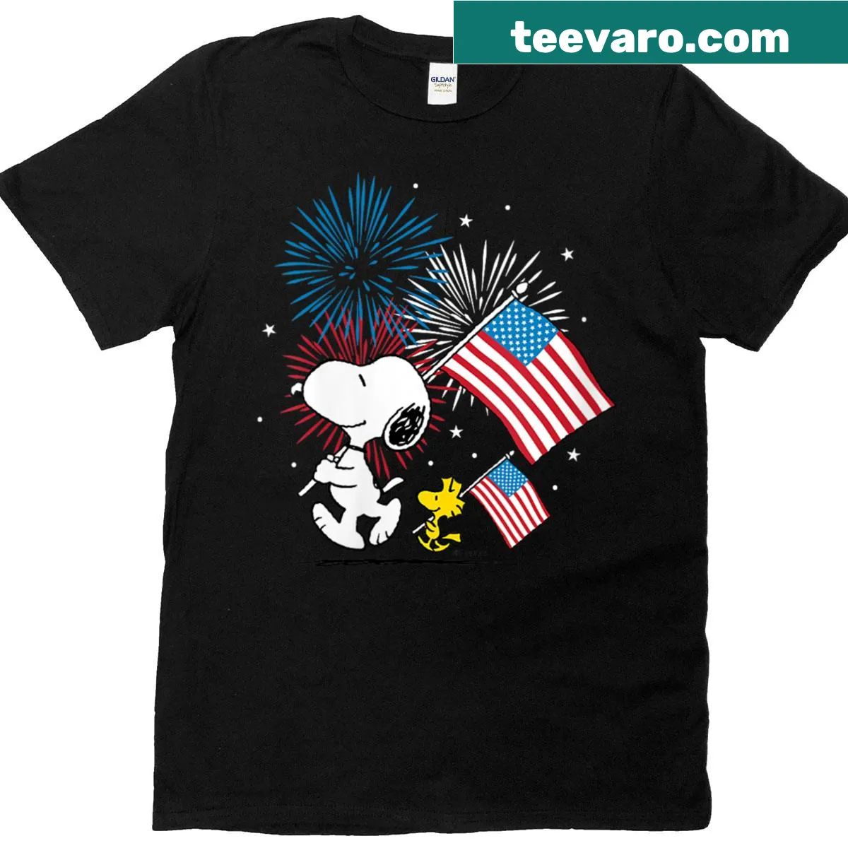 Peanuts cartoon T-shirt with Snoopy and Woodstock celebrating — on a men's t-shirt
