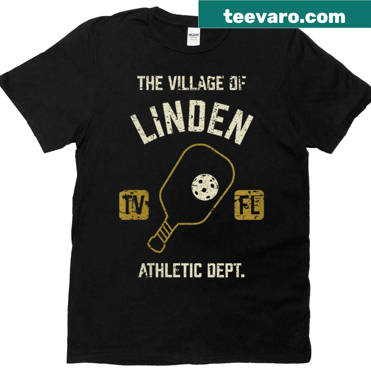Distressed T-shirt with pickleball graphic representing Linden — on a men's t-shirt