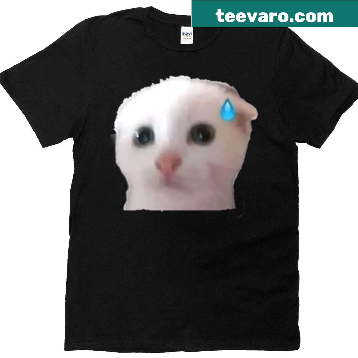 Cartoon of a worried cat on a T-shirt — on a men's t-shirt