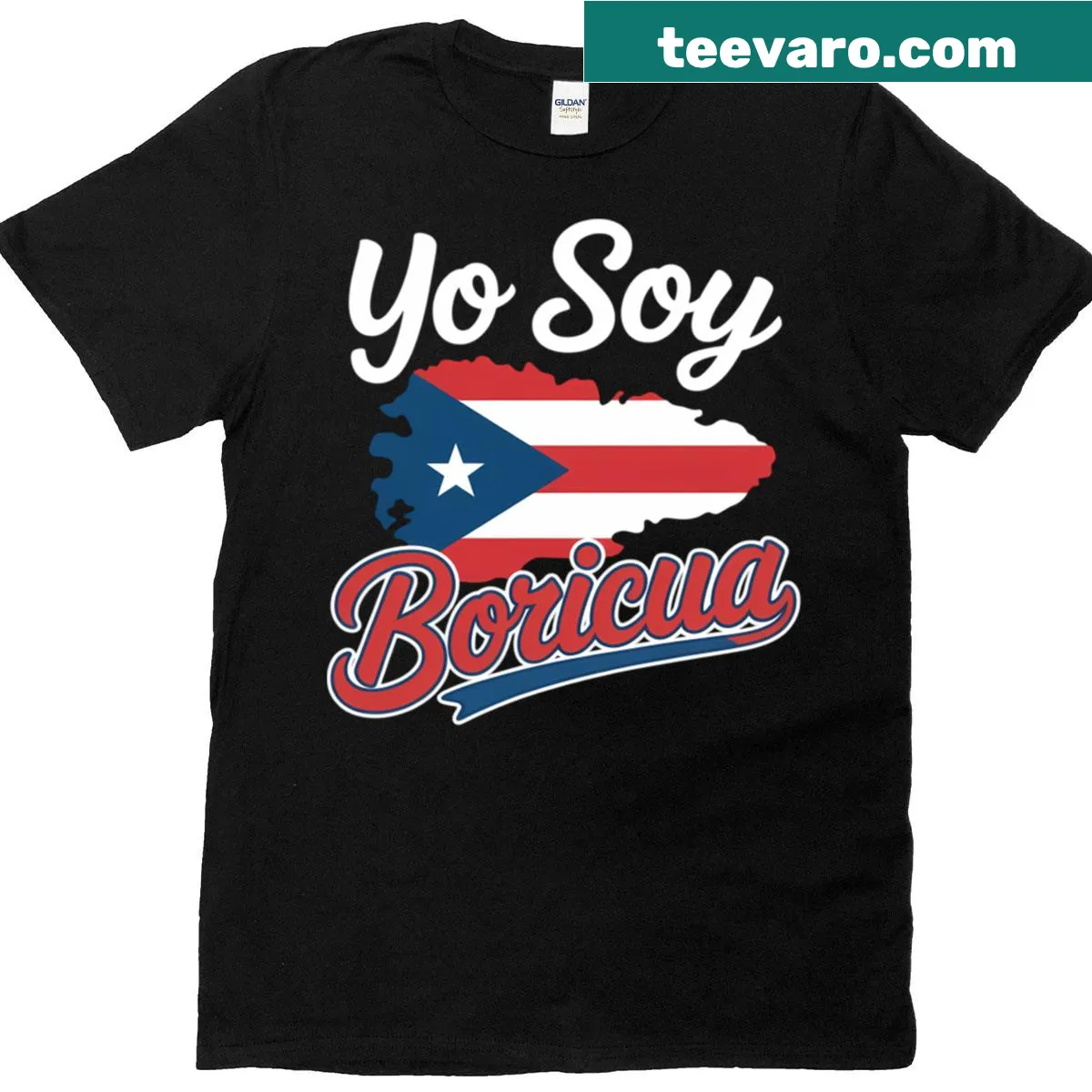 Puerto Rican flag t-shirt with Yo Soy Boricua text — on a men's t-shirt