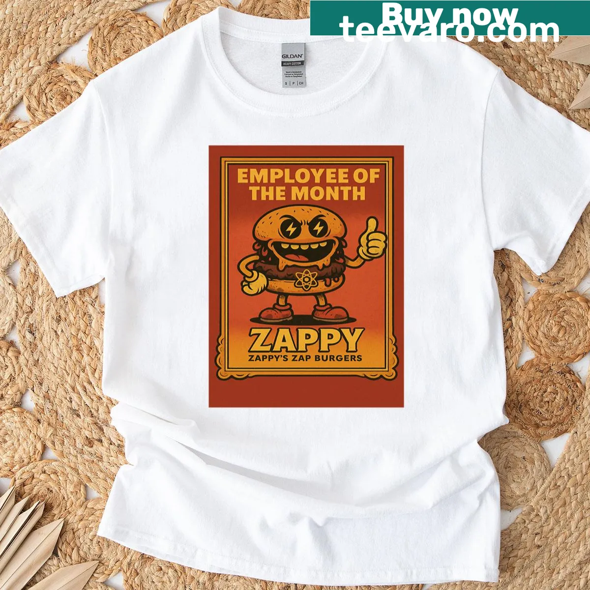Retro T-shirt with fast food mascot and employee of the month theme — on a men's t-shirt