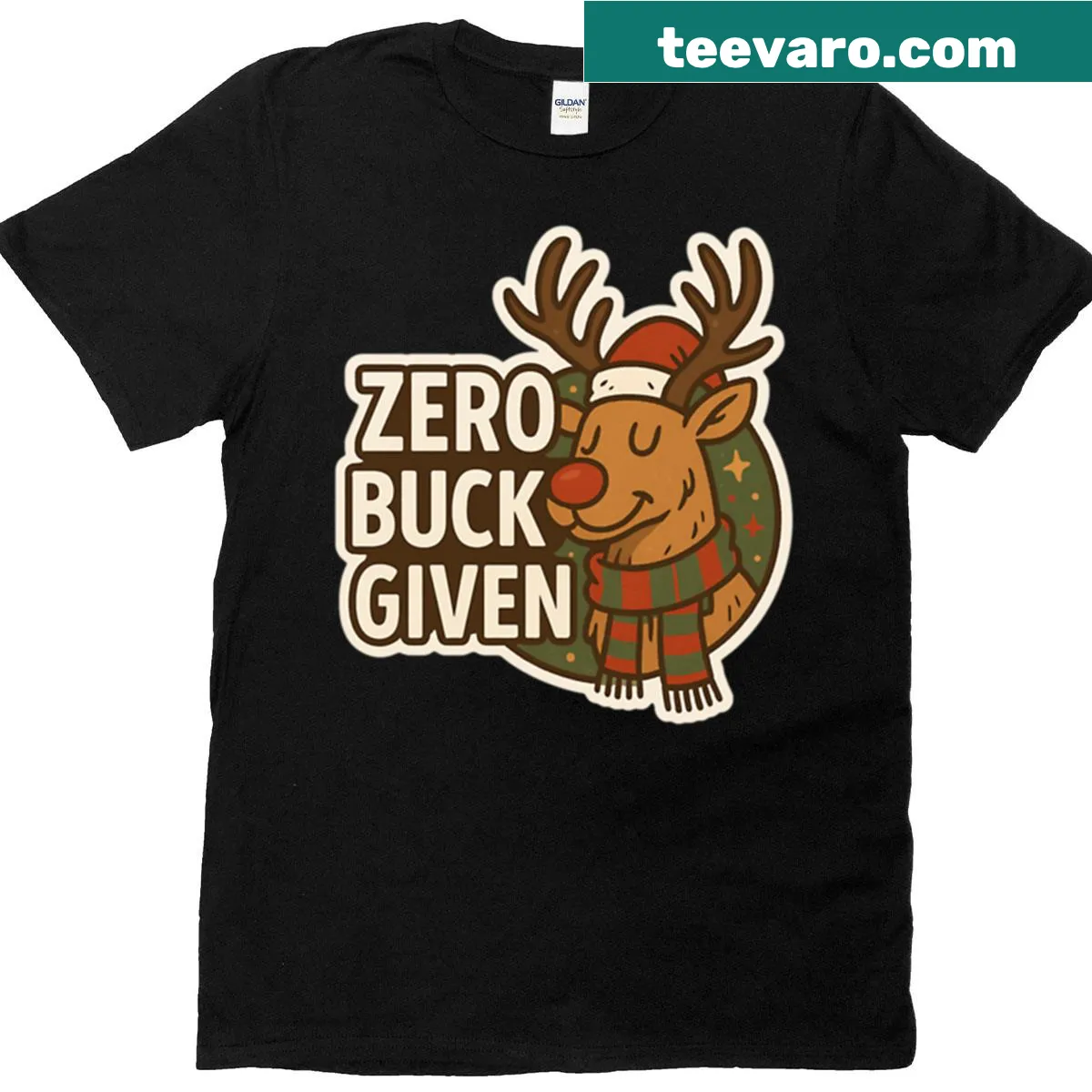 Funny Christmas t-shirt with a reindeer and 'Zero Buck Given' text — on a men's t-shirt