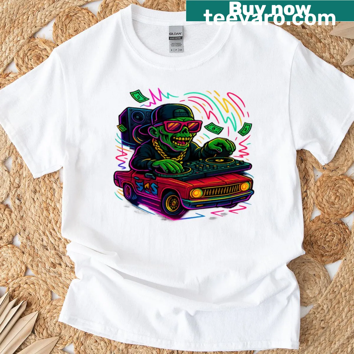 T-shirt featuring a zombie DJ in a lowrider car for Halloween — on a men's t-shirt
