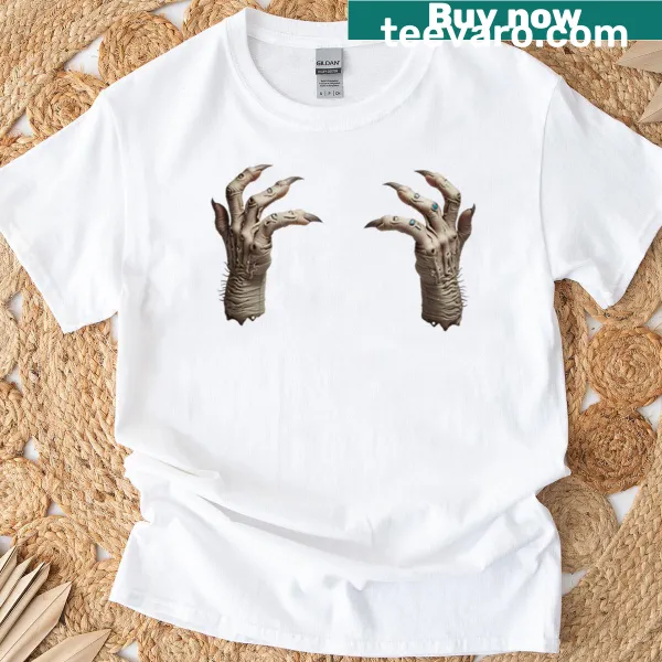 Illustration of zombie hands on women's T-shirt