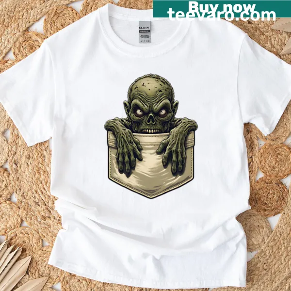 Graphic of a small zombie popping out of a pocket on a T-shirt.