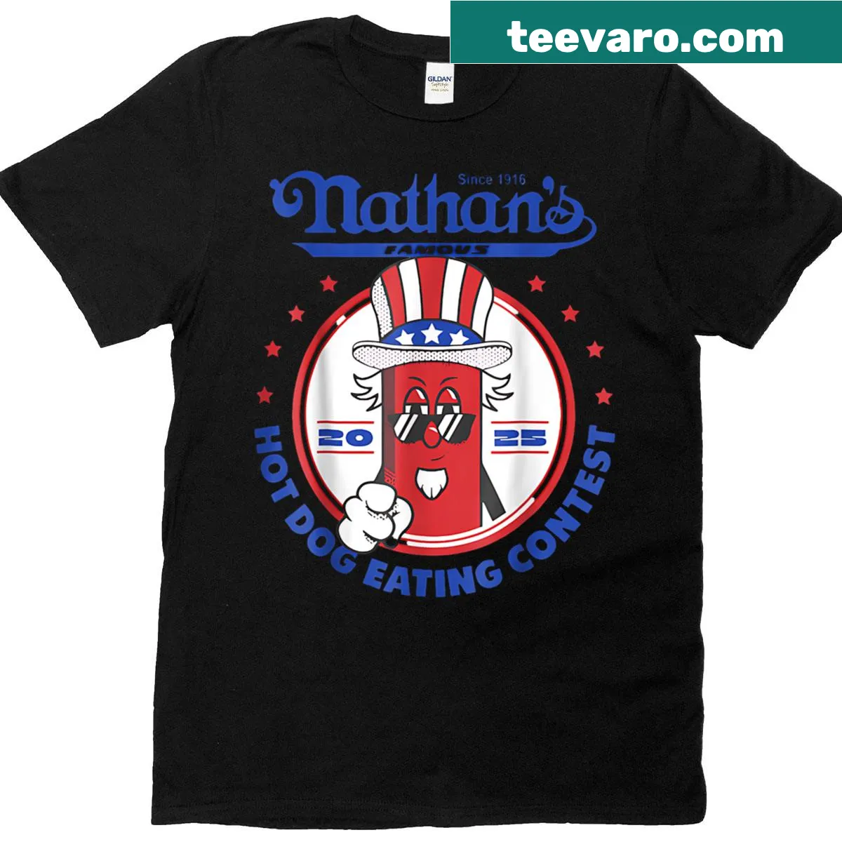 Funny hot dog eating contest graphic tee for Nathan's event — on a men's t-shirt