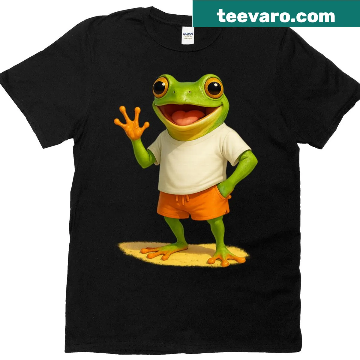 Playful T-shirt featuring a 3D frog in shorts with tropical vibes — on a men's t-shirt
