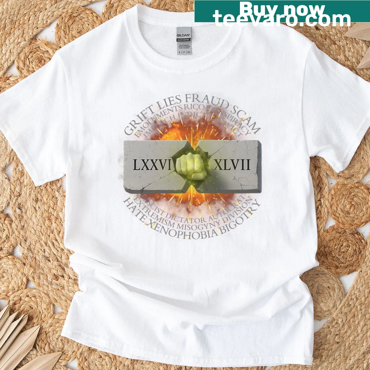 T-shirt with Roman numerals and symbolic resistance words design. — on a men's t-shirt