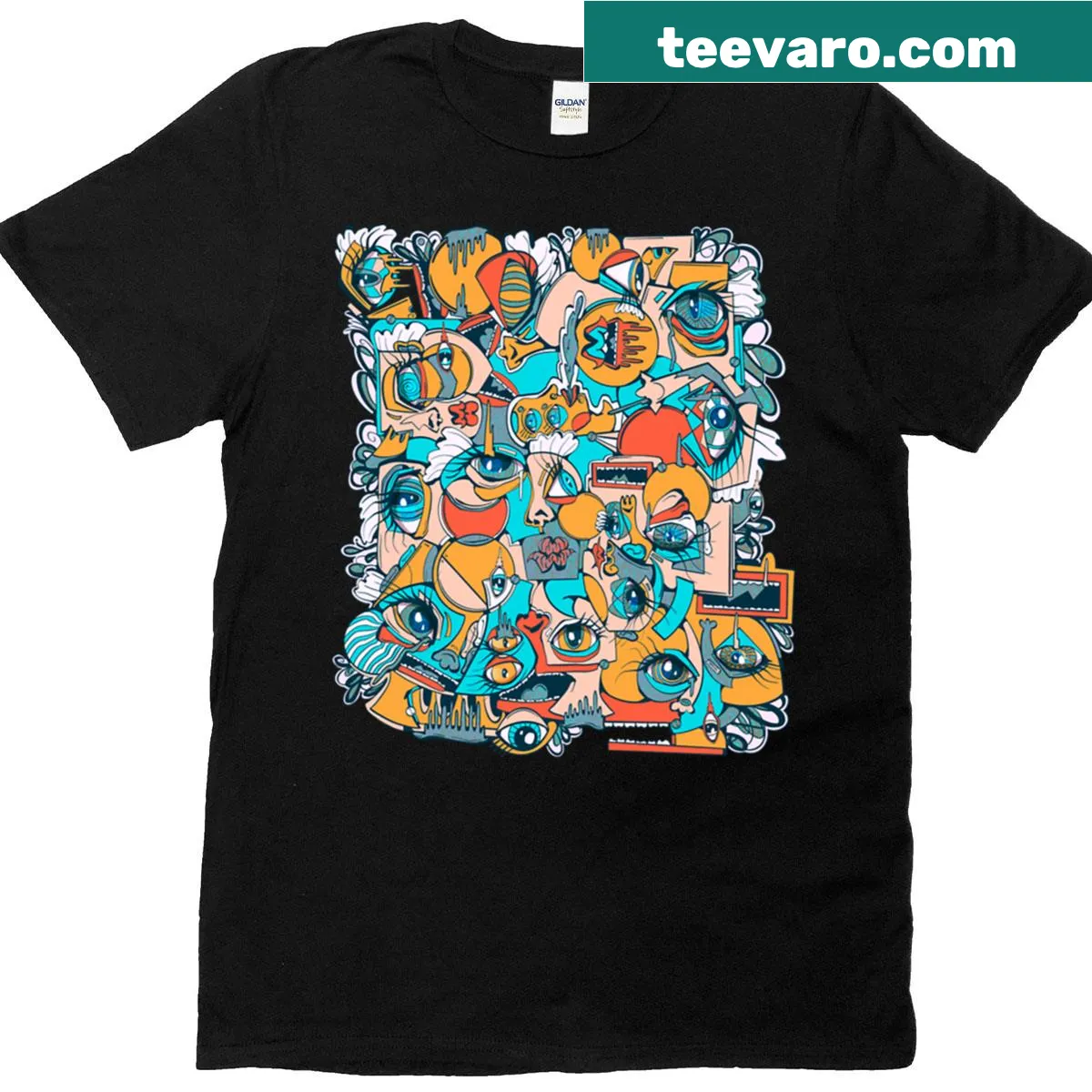 Abstract tee featuring cubism and graffiti eye pattern — on a men's t-shirt