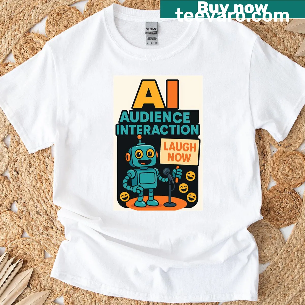 Illustrative tee featuring AI audience interaction theme. — on a men's t-shirt