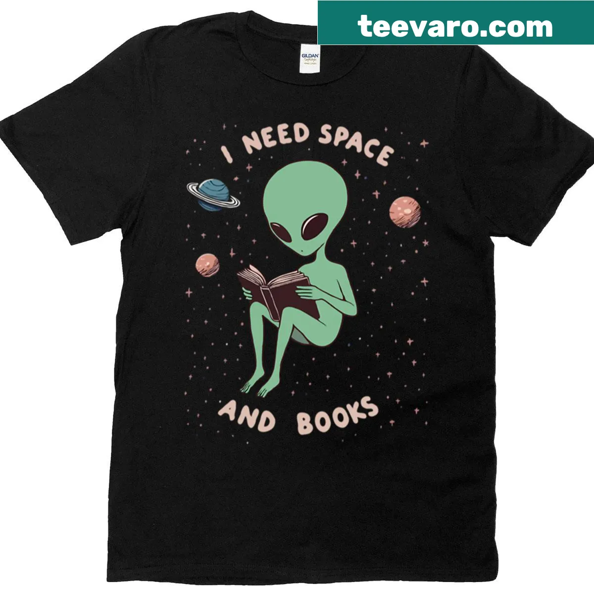 Alien with books t-shirt expressing need for space — on a men's t-shirt