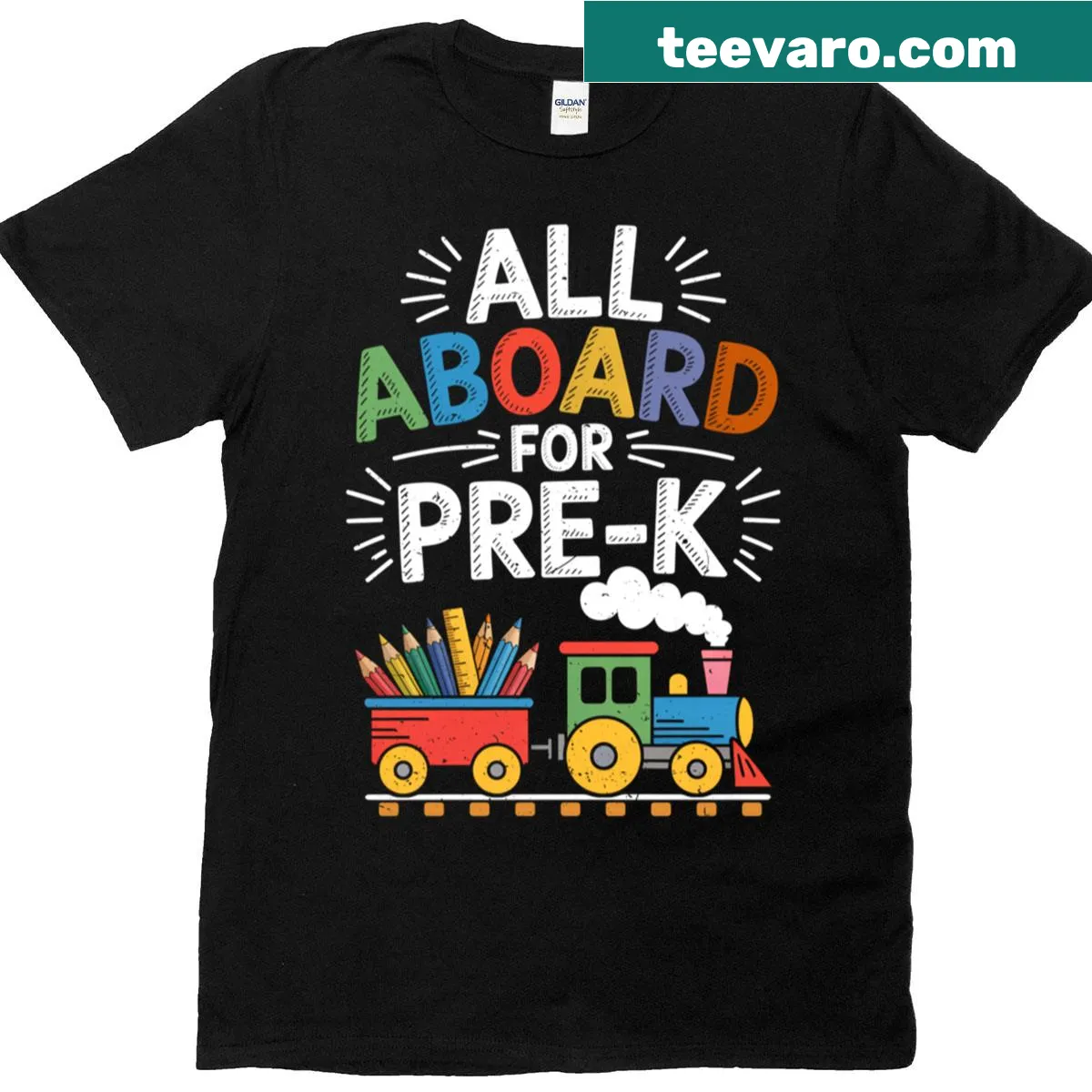Cute pre-k train graphic tee for kids' back-to-school — on a men's t-shirt