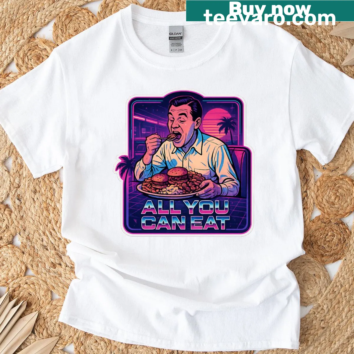 Playful graphic T-shirt featuring 'All You Can Eat' slogan — on a men's t-shirt